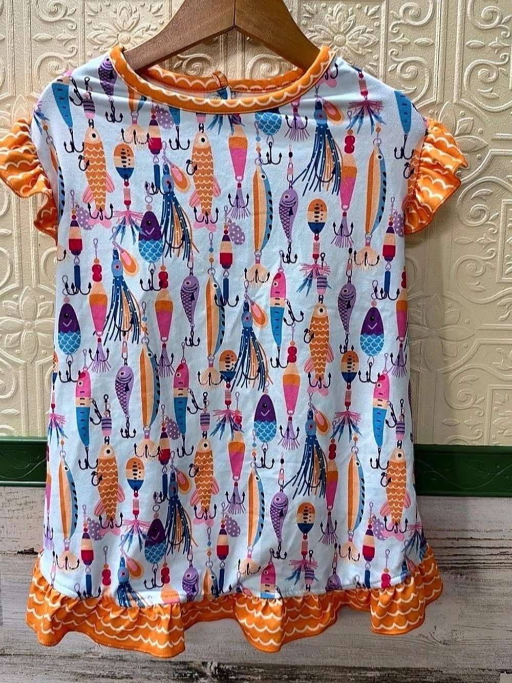 Griffy & Drake Gone Fishing Ruffle Dog Dress Blue & Orange Size Large